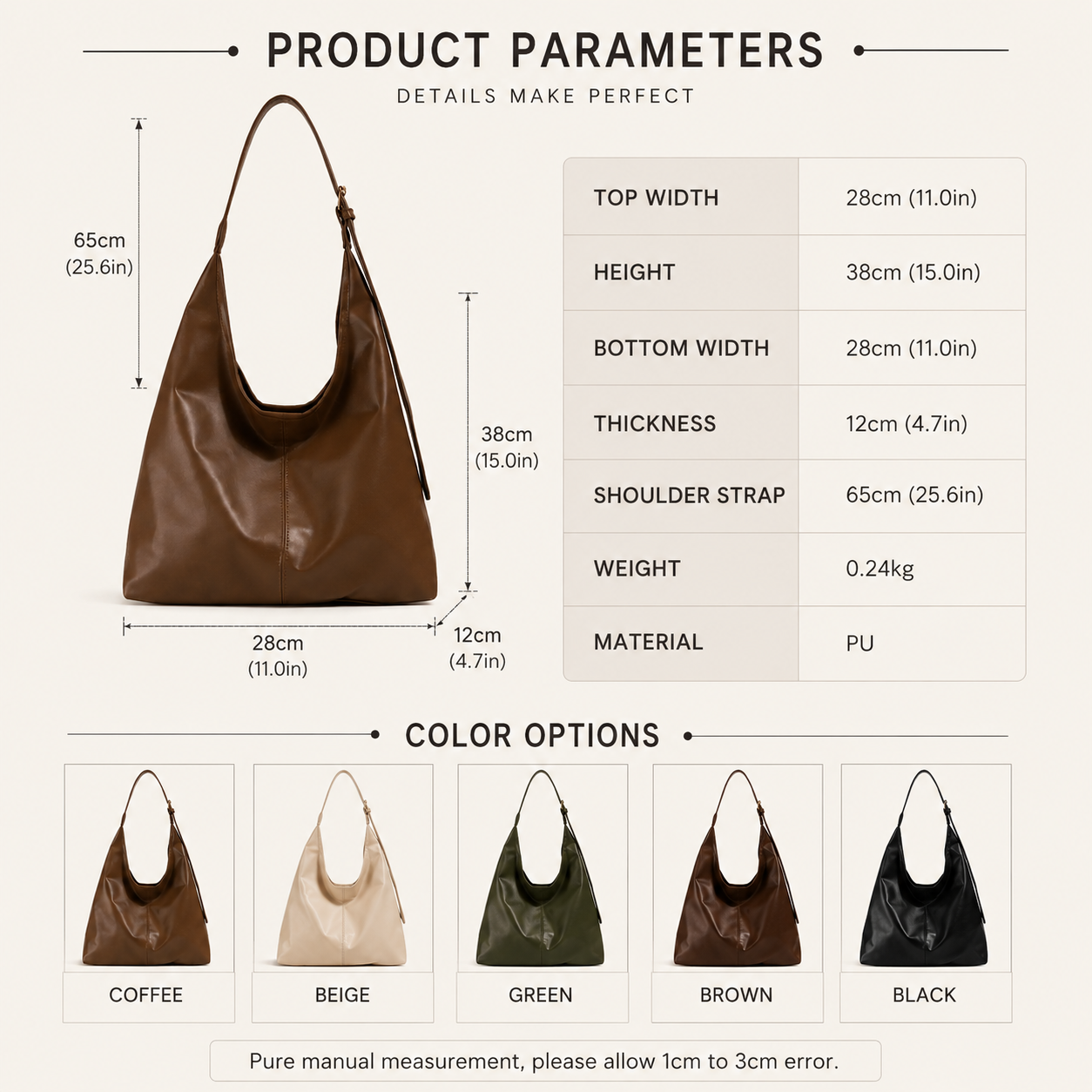 Vintage Brown Vegan Leather Hobo Shoulder Bag, Large Capacity Women Casual Tote Handbag For Daily Work Wholesale OEM