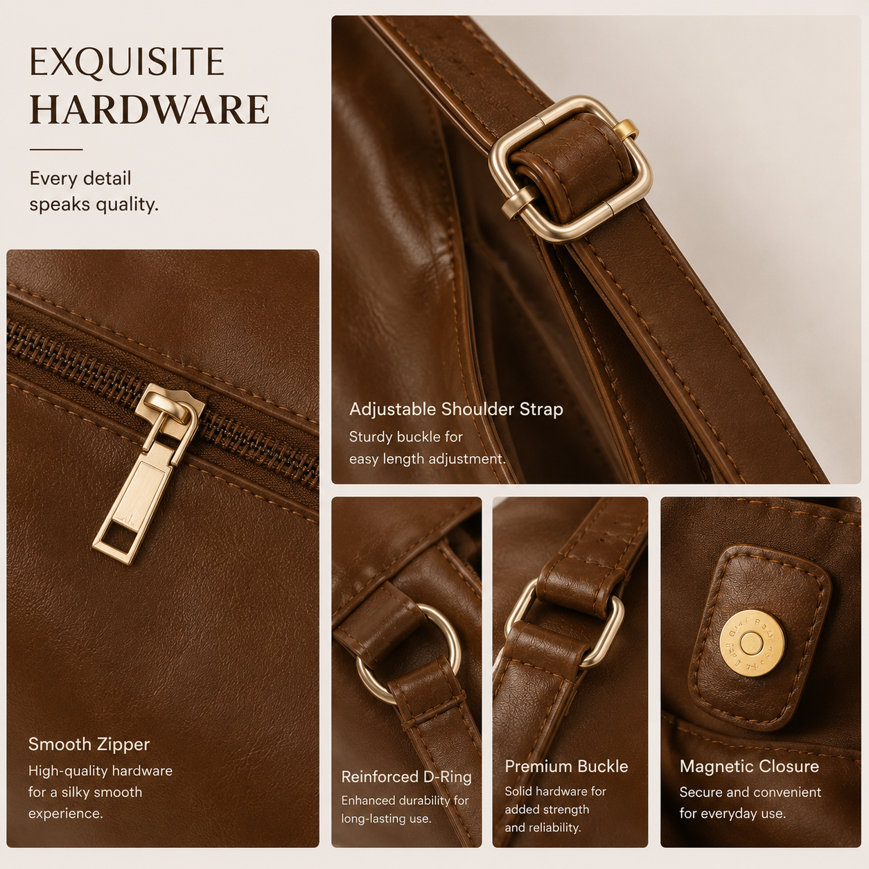 Vintage Brown Vegan Leather Hobo Shoulder Bag, Large Capacity Women Casual Tote Handbag For Daily Work Wholesale OEM