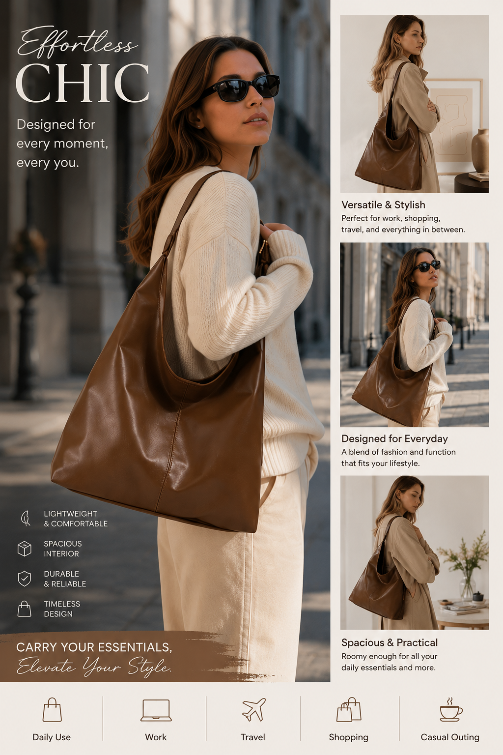 Vintage Brown Vegan Leather Hobo Shoulder Bag, Large Capacity Women Casual Tote Handbag For Daily Work Wholesale OEM