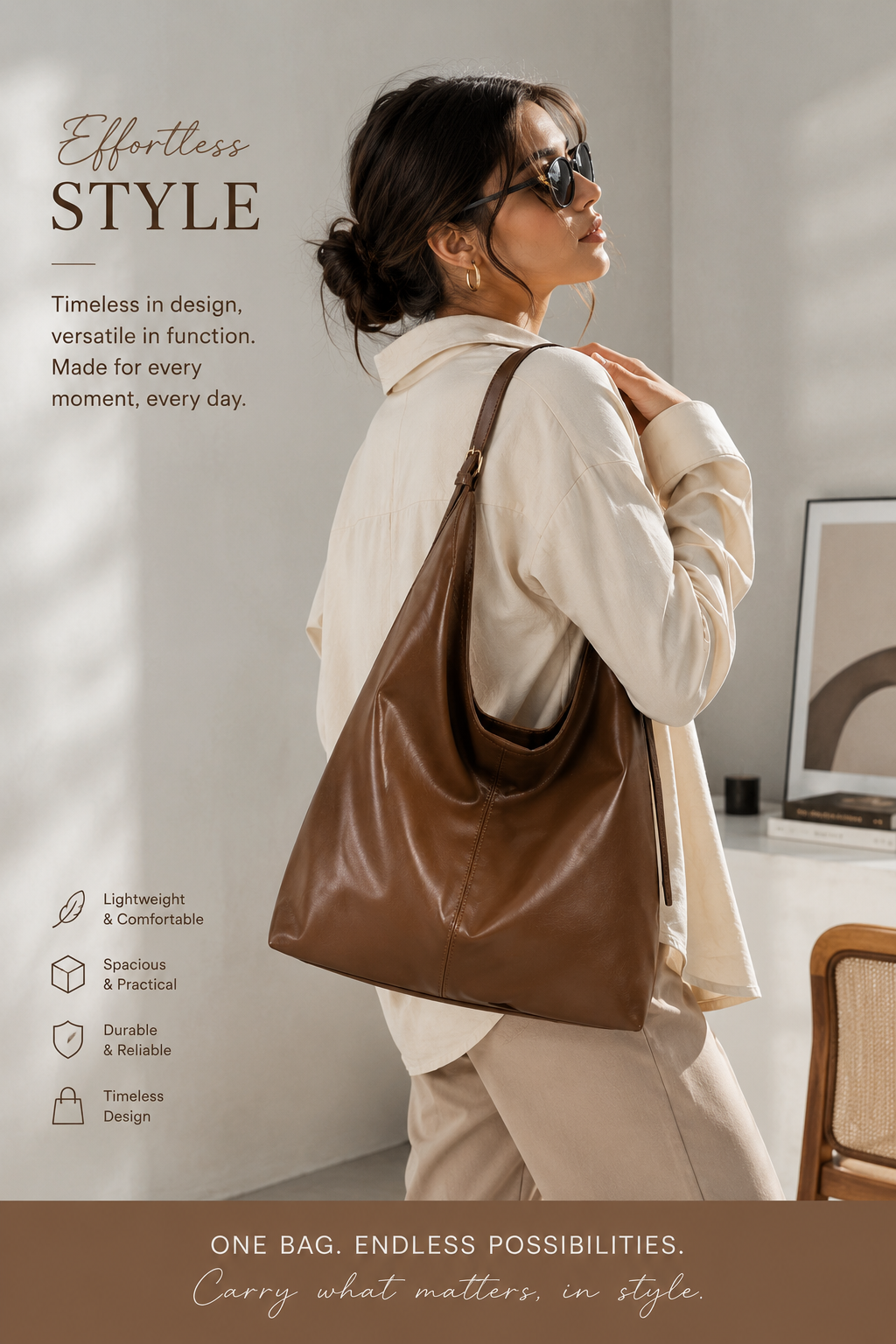 Vintage Brown Vegan Leather Hobo Shoulder Bag, Large Capacity Women Casual Tote Handbag For Daily Work Wholesale OEM